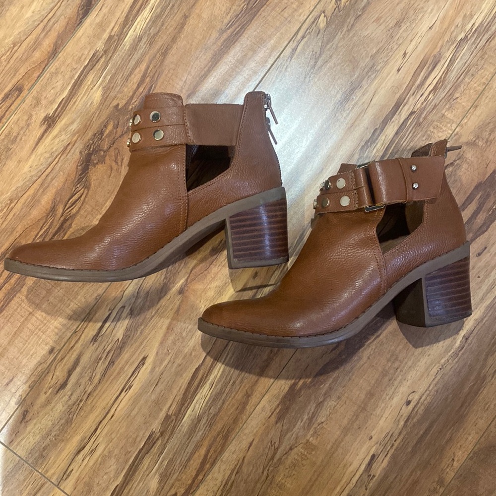 Brown ankle booties with gold studs
